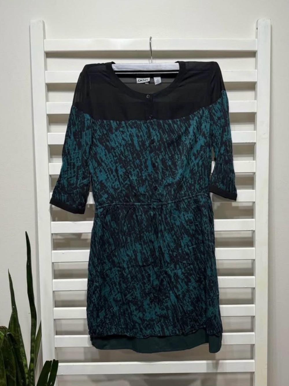 DKNY Teal and Black Patterned Long Sleeve Shift Dress